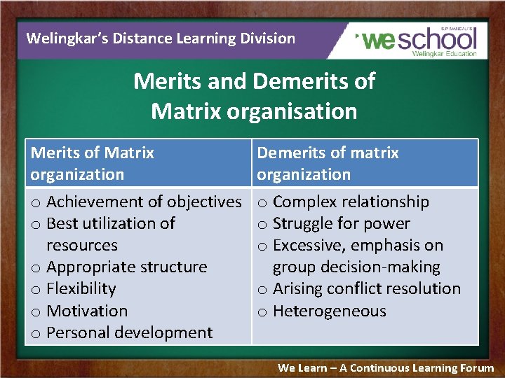 Welingkar’s Distance Learning Division Merits and Demerits of Matrix organisation Merits of Matrix organization