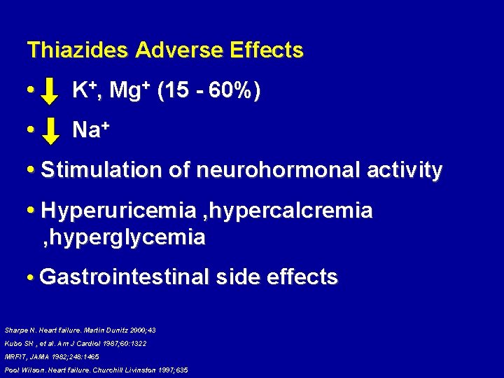 Thiazides Adverse Effects • K+, Mg+ (15 - 60%) • Na+ • Stimulation of