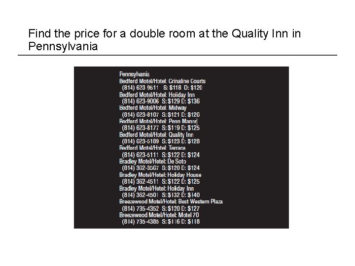 Find the price for a double room at the Quality Inn in Pennsylvania 