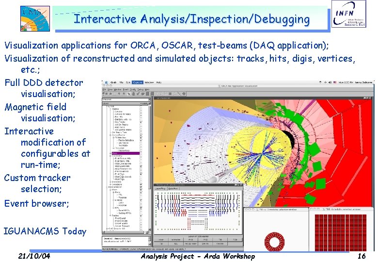 Interactive Analysis/Inspection/Debugging Visualization applications for ORCA, OSCAR, test-beams (DAQ application); Visualization of reconstructed and