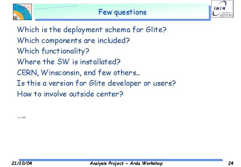 Few questions Which is the deployment schema for Glite? Which components are included? Which