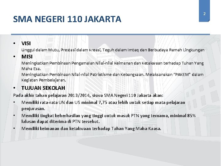 SMA NEGERI 110 JAKARTA • 2 VISI Unggul dalam Mutu, Prestasi dalam Kreasi, Teguh