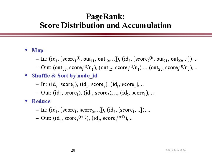 Page. Rank: Score Distribution and Accumulation • Map – In: (id 1, [score 1(t),