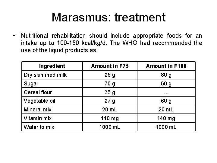 Marasmus: treatment • Nutritional rehabilitation should include appropriate foods for an intake up to