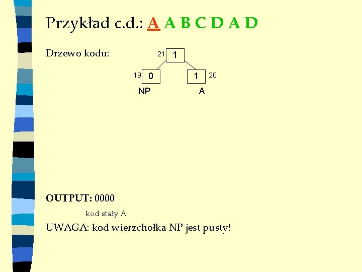 Przykład c. d. : A A B C D A D Drzewo kodu: 21