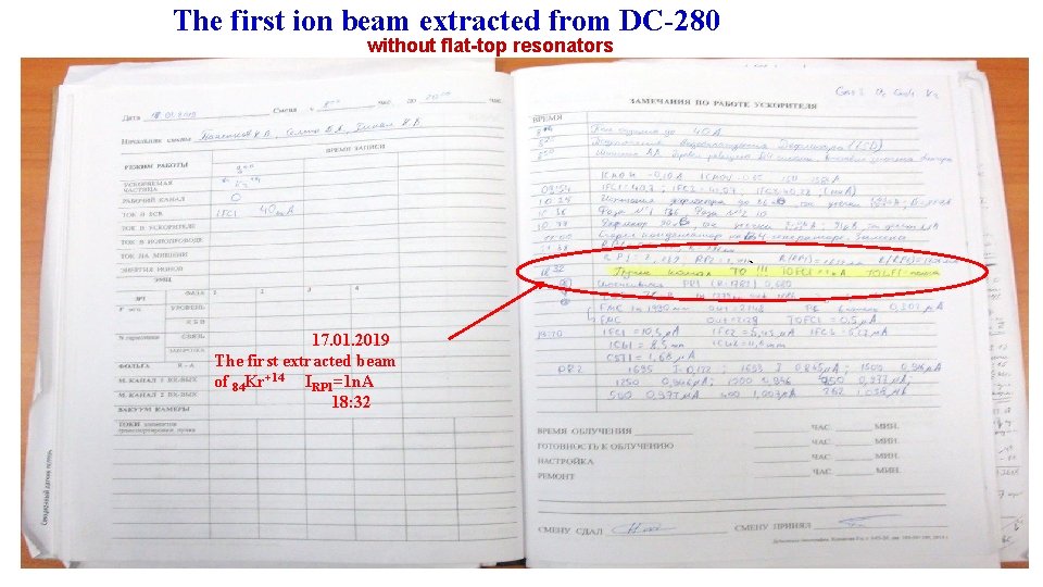 The first ion beam extracted from DC-280 without flat-top resonators ` 17. 01. 2019