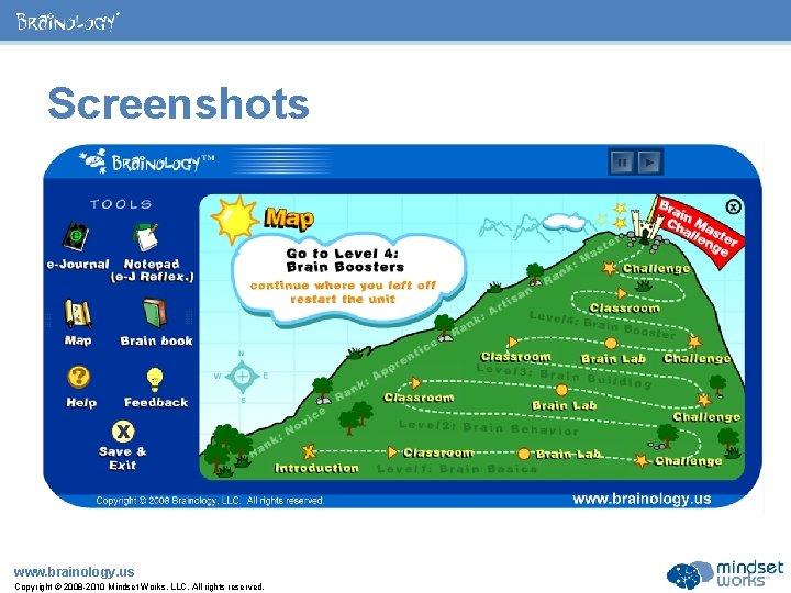 ® Screenshots www. brainology. us Copyright © 2008 -2010 Mindset Works, LLC. All rights