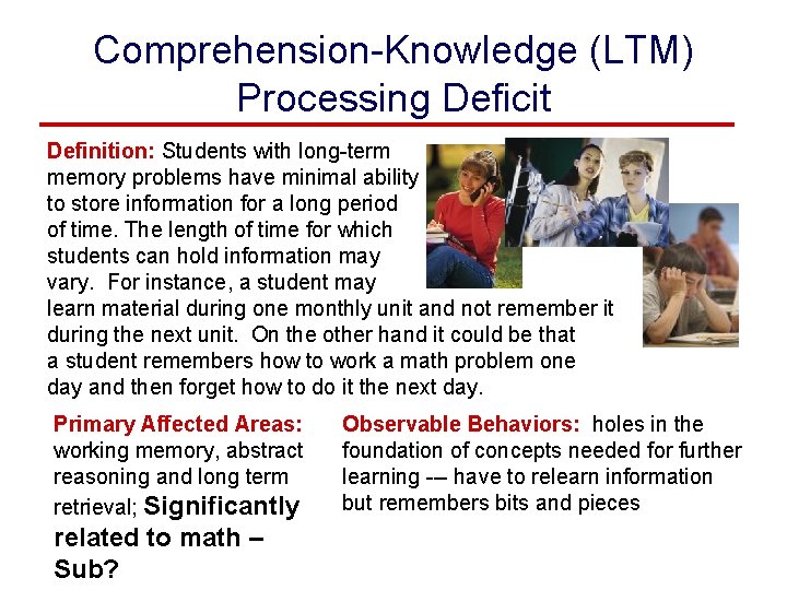Comprehension-Knowledge (LTM) Processing Deficit Definition: Students with long-term memory problems have minimal ability to