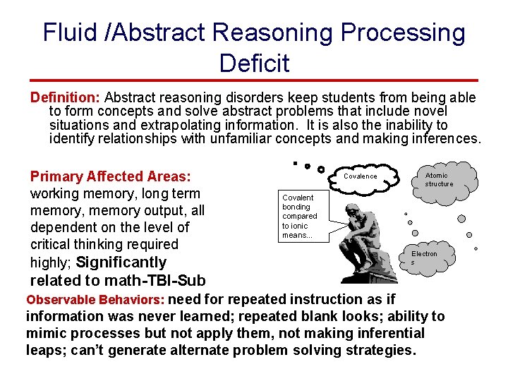 Fluid /Abstract Reasoning Processing Deficit Definition: Abstract reasoning disorders keep students from being able