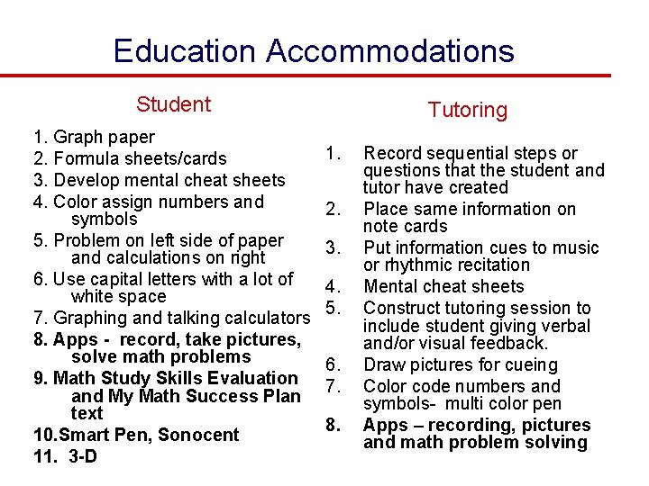 Education Accommodations Student 1. Graph paper 2. Formula sheets/cards 3. Develop mental cheat sheets