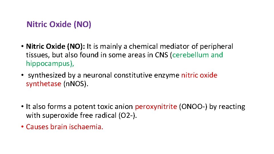 Nitric Oxide (NO) • Nitric Oxide (NO): It is mainly a chemical mediator of