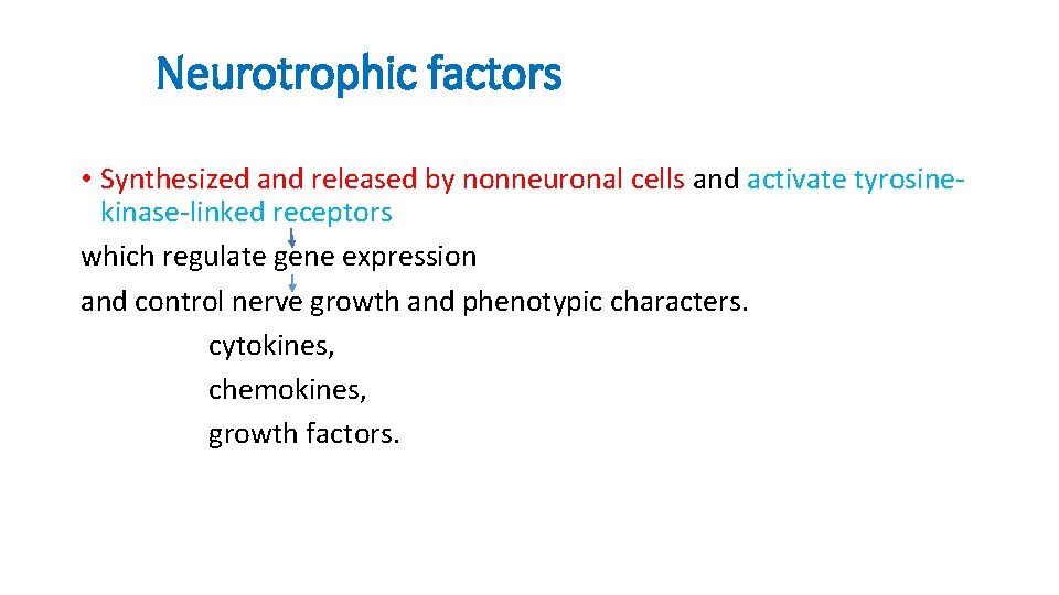 Neurotrophic factors • Synthesized and released by nonneuronal cells and activate tyrosinekinase-linked receptors which