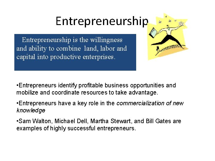 Entrepreneurship is the willingness and ability to combine land, labor and capital into productive