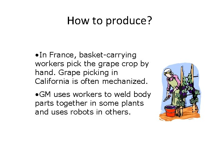 How to produce? • In France, basket-carrying workers pick the grape crop by hand.