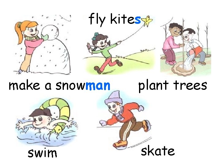 fly kites make a snowman swim plant trees skate 