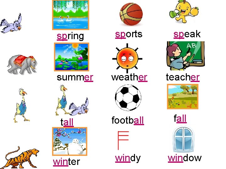 spring summer sports speak weather teacher tall football fall winter windy window 