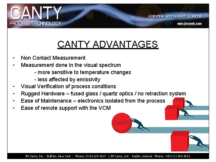 CANTY ADVANTAGES • • • Non Contact Measurement done in the visual spectrum -