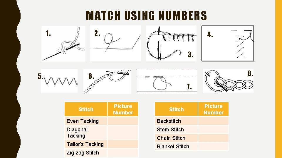 MATCH USING NUMBERS 1. 2. 4. 3. 8. 6. 5. 7. Stitch Picture Number