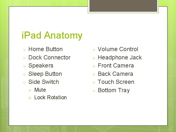 i. Pad Anatomy ○ ○ ○ Home Button Dock Connector Speakers Sleep Button Side