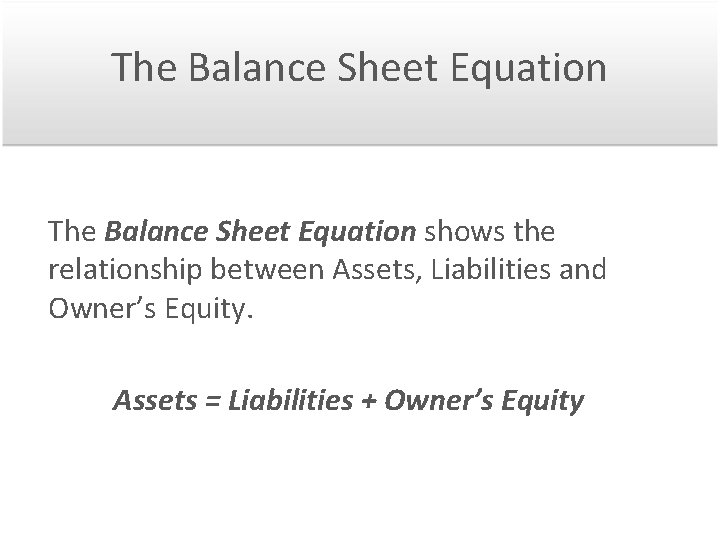 The Balance Sheet Equation shows the relationship between Assets, Liabilities and Owner’s Equity. Assets