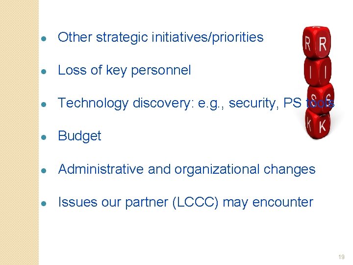 ● Other strategic initiatives/priorities ● Loss of key personnel ● Technology discovery: e. g.