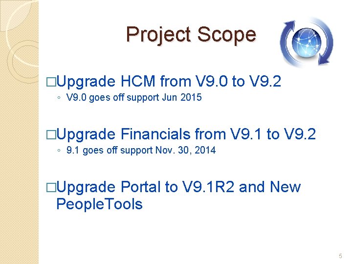 Project Scope �Upgrade HCM from V 9. 0 to V 9. 2 ◦ V