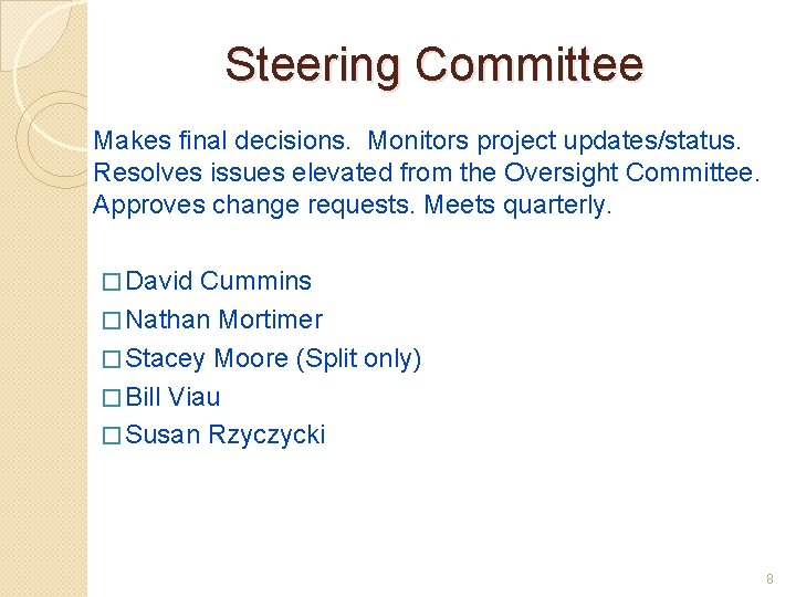 Steering Committee Makes final decisions. Monitors project updates/status. Resolves issues elevated from the Oversight