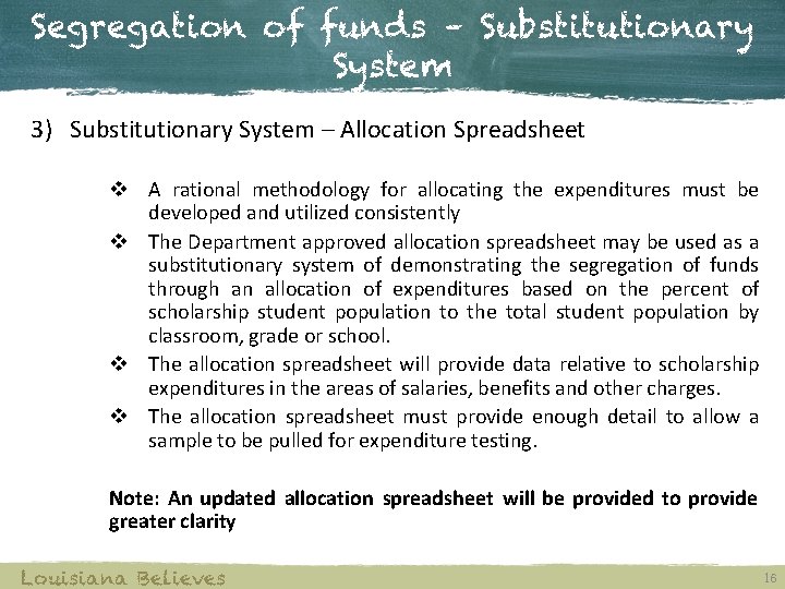 Segregation of funds – Substitutionary System 3) Substitutionary System – Allocation Spreadsheet v A