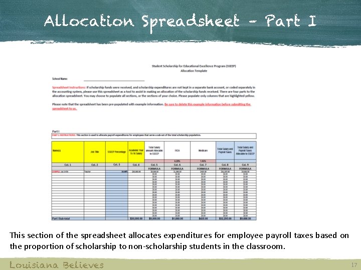 Allocation Spreadsheet – Part I This section of the spreadsheet allocates expenditures for employee