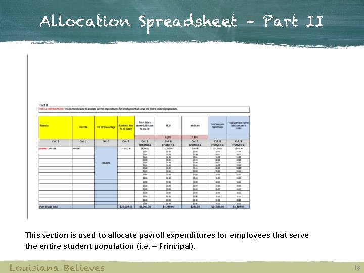 Allocation Spreadsheet – Part II This section is used to allocate payroll expenditures for