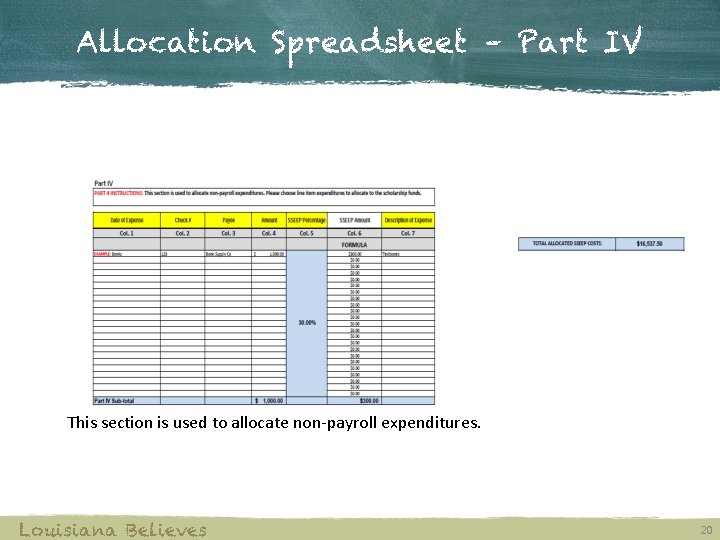 Allocation Spreadsheet – Part IV This section is used to allocate non-payroll expenditures. Louisiana