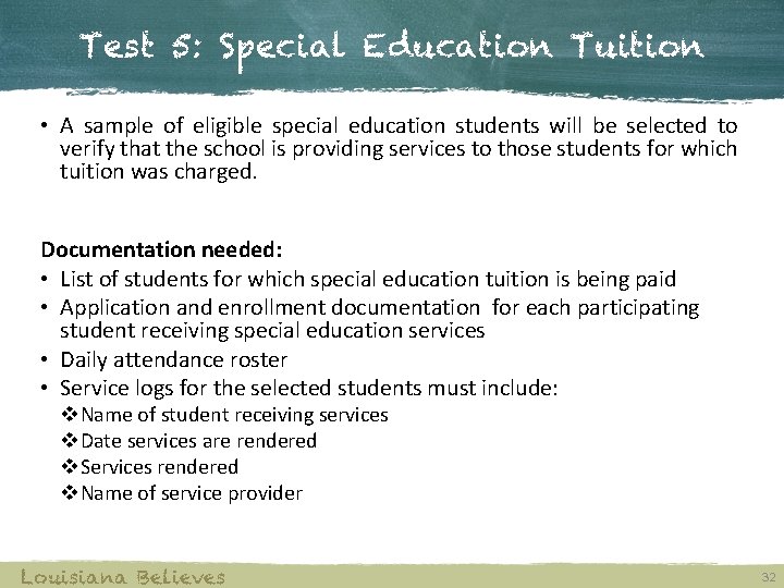 Test 5: Special Education Tuition • A sample of eligible special education students will