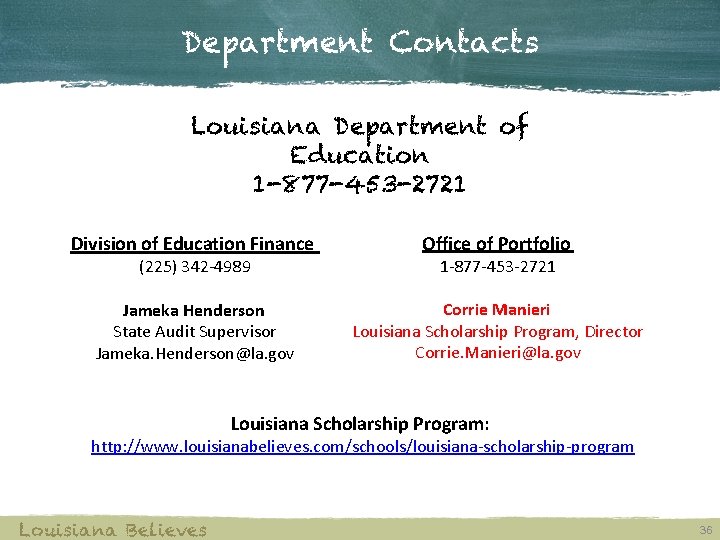 Department Contacts Louisiana Department of Education 1 -877 -453 -2721 Division of Education Finance