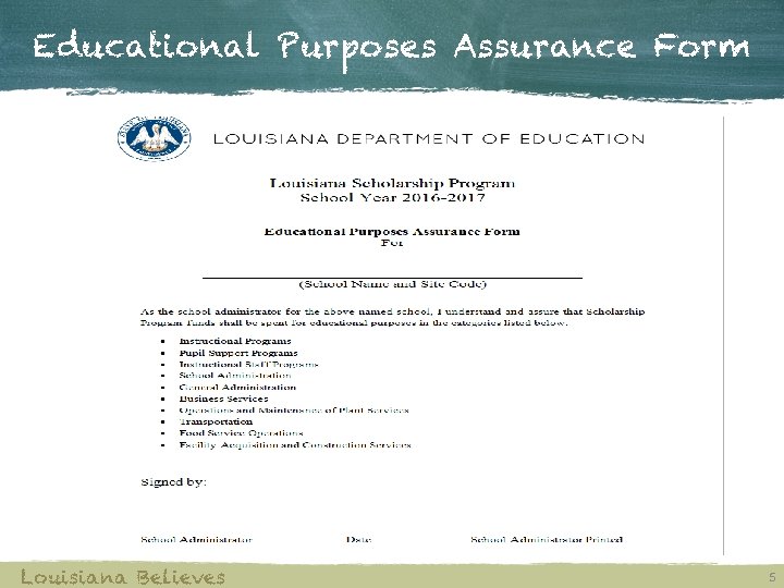 Educational Purposes Assurance Form Louisiana Believes 5 