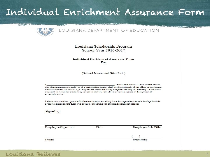 Individual Enrichment Assurance Form Louisiana Believes 7 