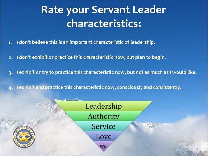 Rate your Servant Leader characteristics: 1. I don’t believe this is an important characteristic