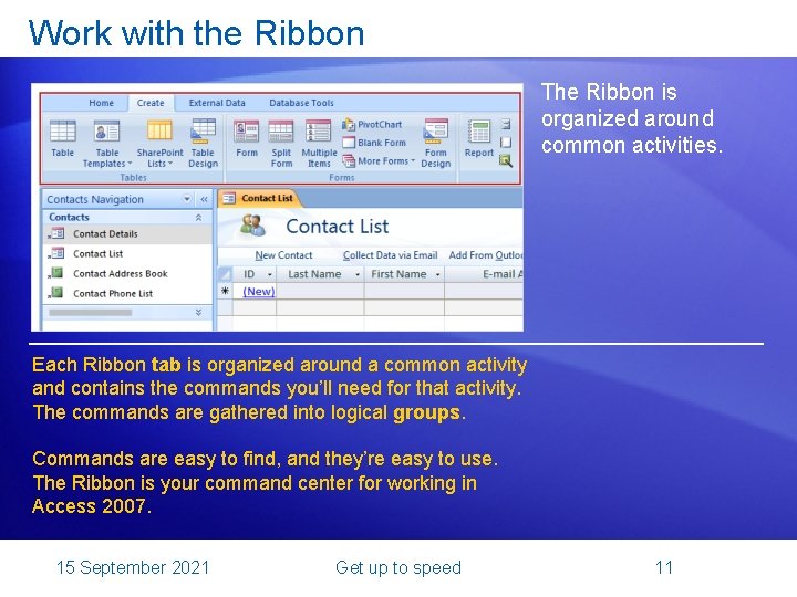 Work with the Ribbon The Ribbon is organized around common activities. Each Ribbon tab