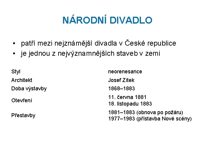 NÁRODNÍ DIVADLO • patří mezi nejznámější divadla v České republice • je jednou z