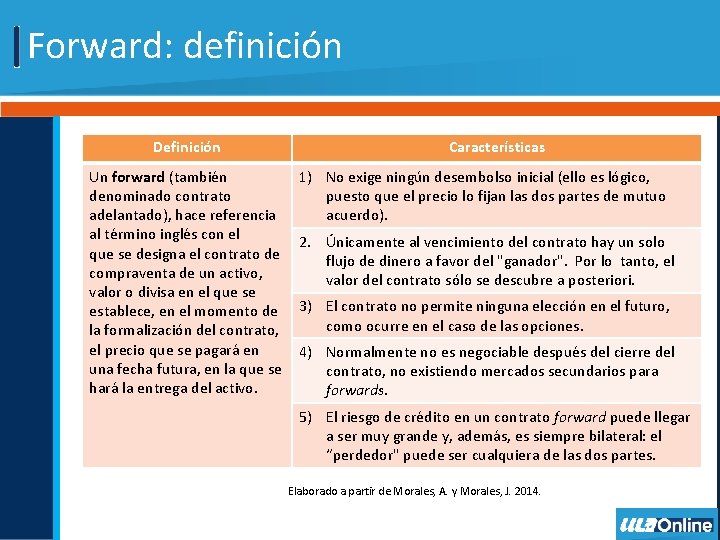 Forward: definición Definición Un forward (también denominado contrato adelantado), hace referencia al término inglés