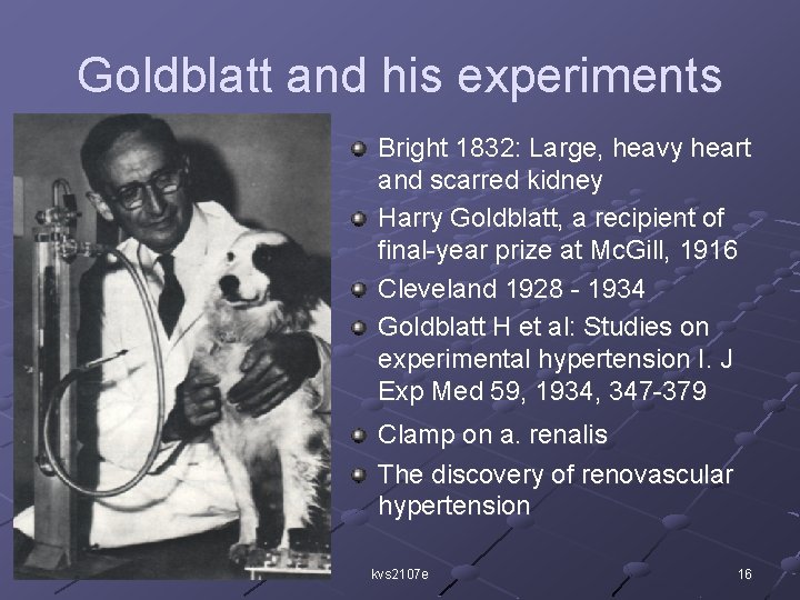 Goldblatt and his experiments Bright 1832: Large, heavy heart and scarred kidney Harry Goldblatt,