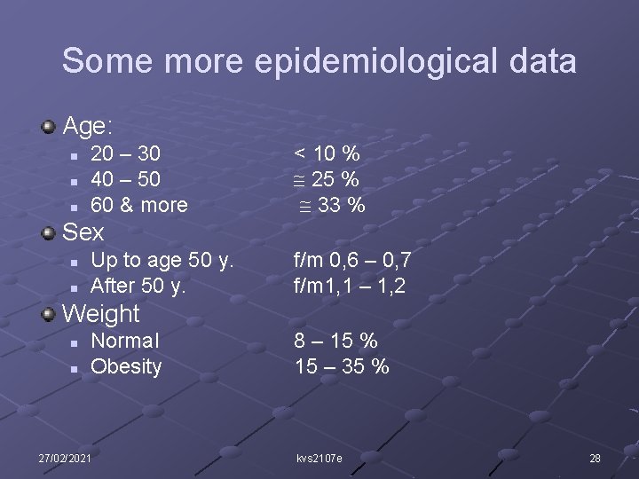 Some more epidemiological data Age: n n n 20 – 30 40 – 50