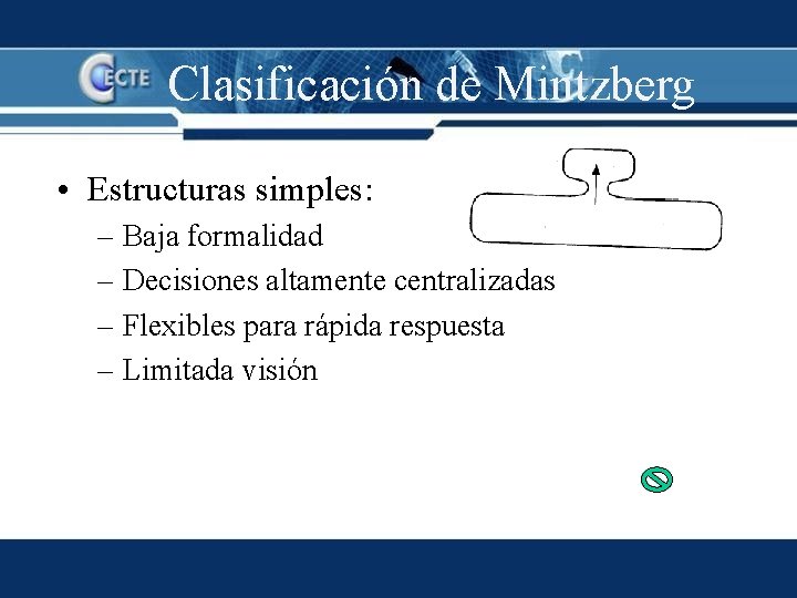 Clasificación de Mintzberg • Estructuras simples: – Baja formalidad – Decisiones altamente centralizadas –