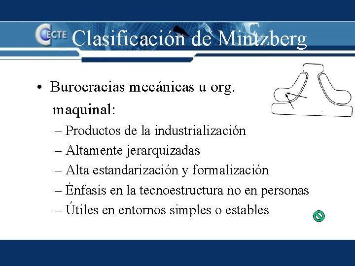 Clasificación de Mintzberg • Burocracias mecánicas u org. maquinal: – Productos de la industrialización