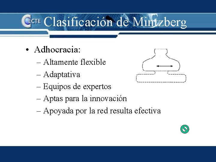 Clasificación de Mintzberg • Adhocracia: – Altamente flexible – Adaptativa – Equipos de expertos