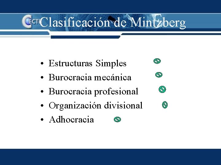 Clasificación de Mintzberg • • • Estructuras Simples Burocracia mecánica Burocracia profesional Organización divisional