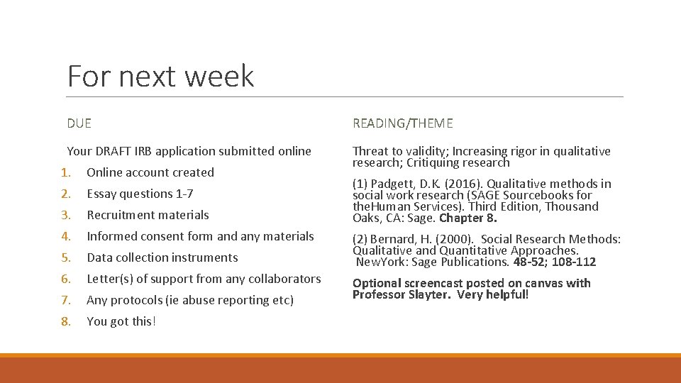 For next week DUE READING/THEME Your DRAFT IRB application submitted online Threat to validity;