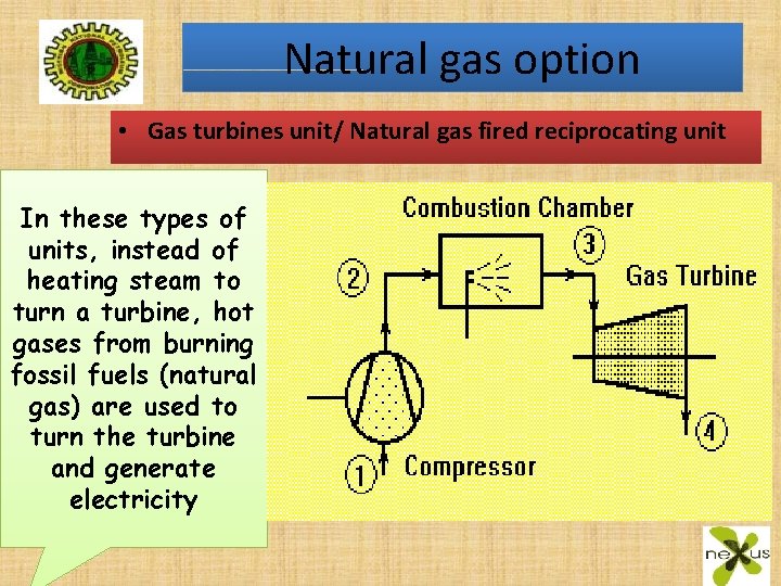 Natural gas option • Gas turbines unit/ Natural gas fired reciprocating unit In these