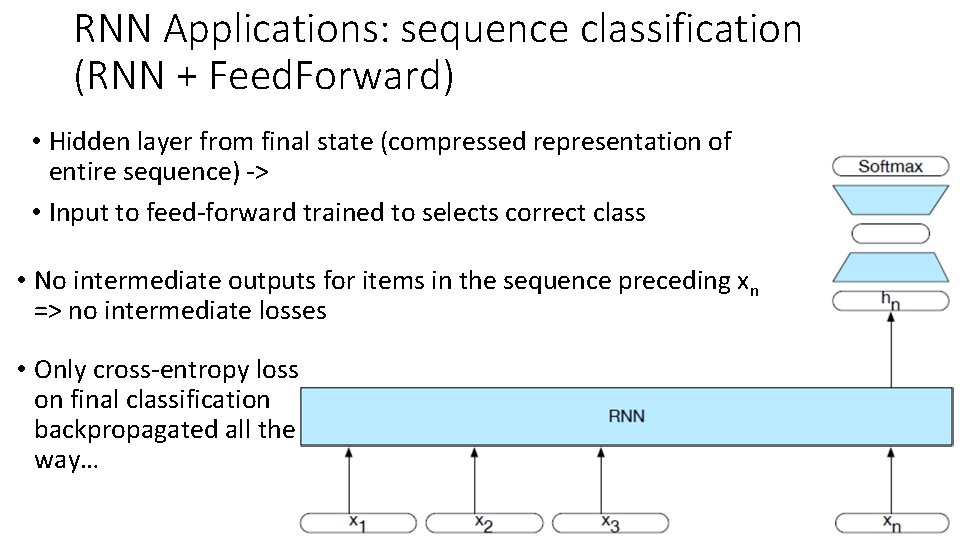 RNN Applications: sequence classification (RNN + Feed. Forward) • Hidden layer from final state