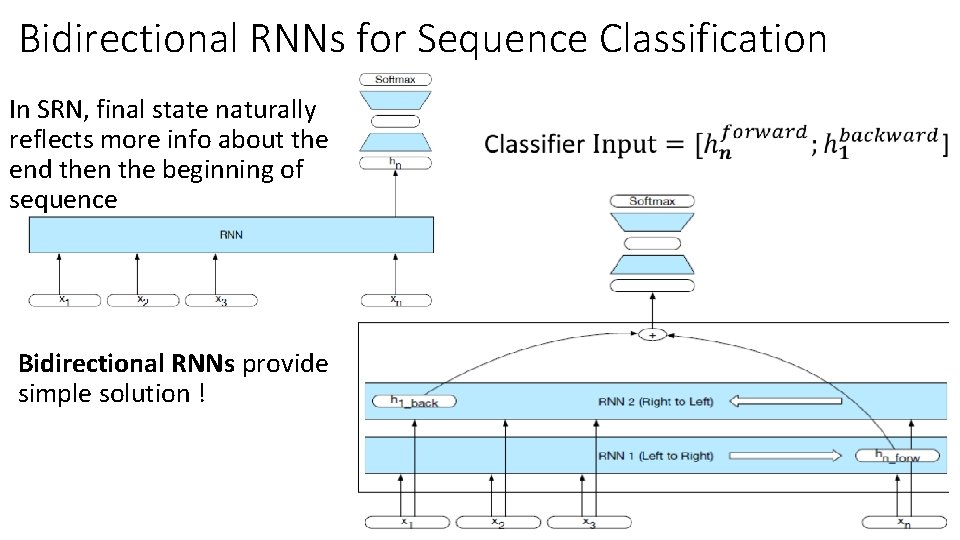 Bidirectional RNNs for Sequence Classification In SRN, final state naturally reflects more info about