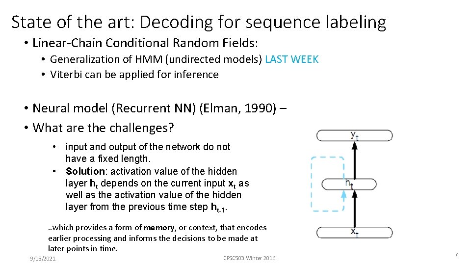 State of the art: Decoding for sequence labeling • Linear-Chain Conditional Random Fields: •